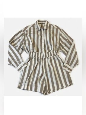 Aerie Good Day Shirt and Shorts Set in Tan and White Stripes size small